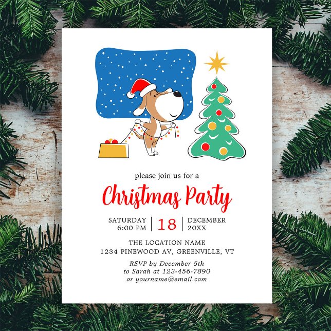 Christmas Tree Cute Puppy Dog Santa Hat Party Invitation Postcard (Creator Uploaded)