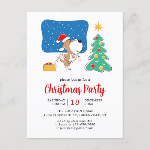 Christmas Tree Cute Puppy Dog Santa Hat Party Invitation Postcard
