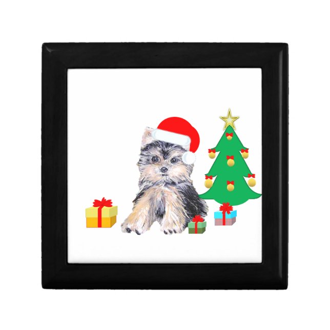 Christmas tree, cute Yorkshire puppy dog & gifts Keepsake Box (Front)