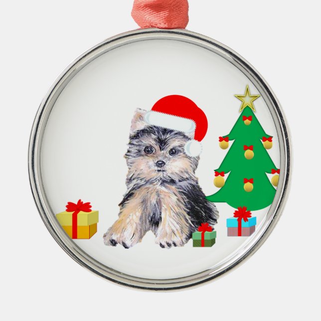 Christmas tree, cute Yorkshire puppy dog & gifts Metal Ornament (Front)