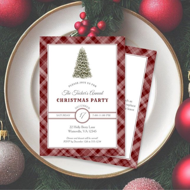 Christmas Tree Dark Red Plaid Christmas Party Invitation (Creator Uploaded)