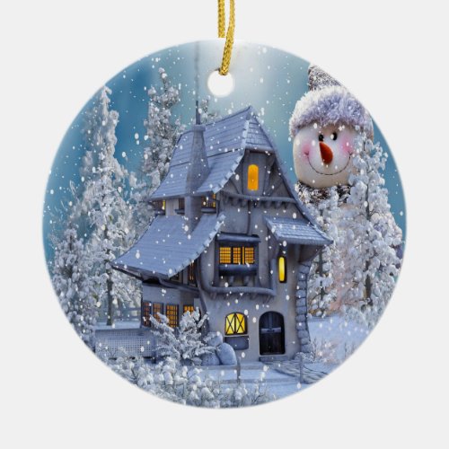 Christmas Tree Decor Winter White Snowman Blue Ceramic Ornament