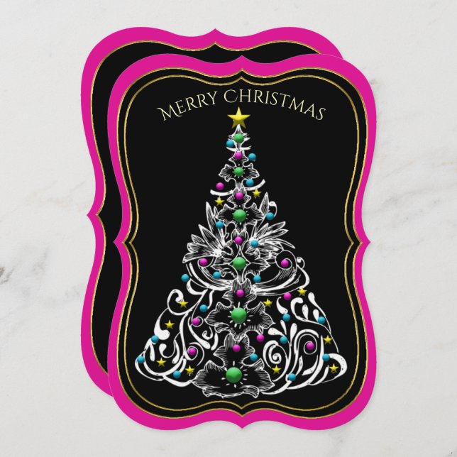 Christmas Tree Decorated Double-Sided, Black/Pink Invitation (Front/Back)