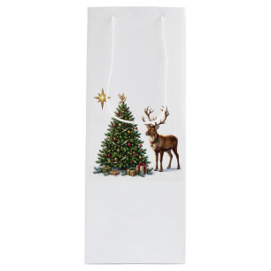 Christmas tree decorated with a reindeer and gifts wine gift bag