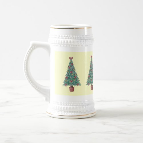 christmas tree decorated with seasonal baubles   beer stein