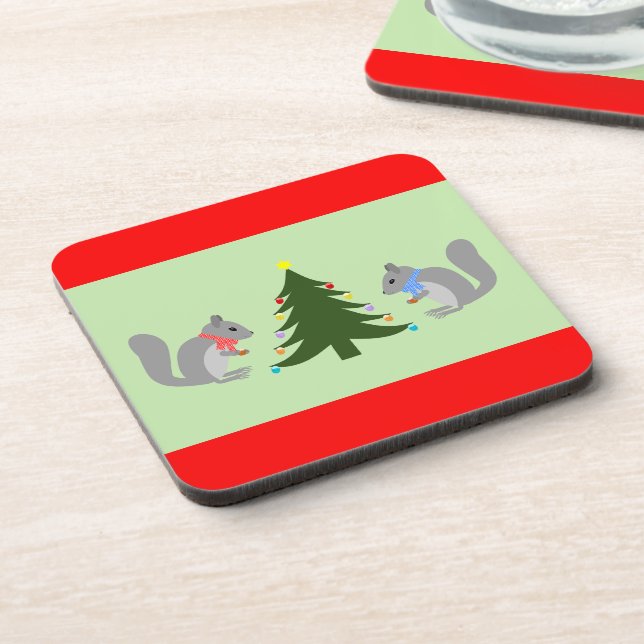 Christmas Tree Decorating Squirrels Beverage Coaster (Left Side)