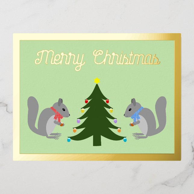 Christmas Tree Decorating Squirrels Custom Foil Holiday Postcard (Front)