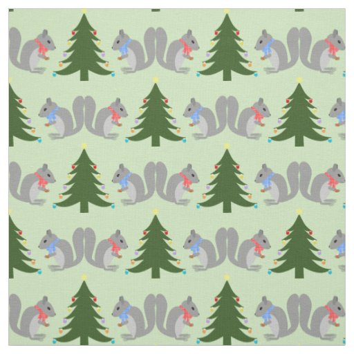 Christmas Tree Decorating Squirrels Patterned Fabric