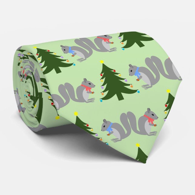 Christmas Tree Decorating Squirrels Patterned Neck Tie (Rolled)