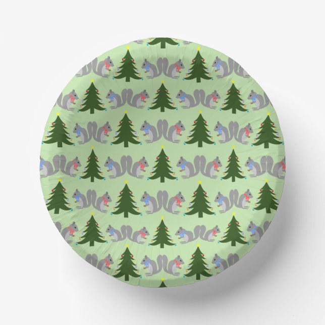 Christmas Tree Decorating Squirrels Patterned Paper Bowls (Front)