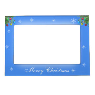 Christmas Tree Decorations and Snowflakes on Blue Magnetic Picture Frame