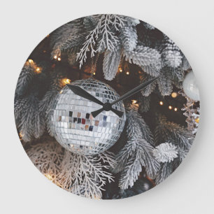 Christmas tree decorations, festive light backgrou large clock