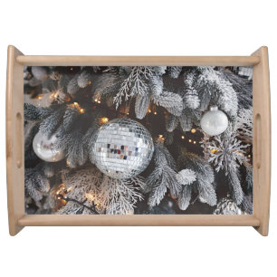 Christmas tree decorations, festive light backgrou serving tray
