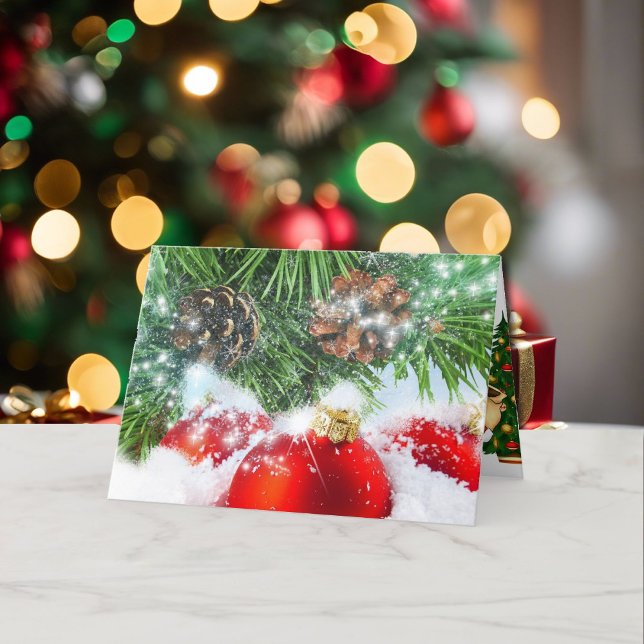 Christmas Tree Decorations in Snow Red Green Text  Holiday Card (Creator Uploaded)