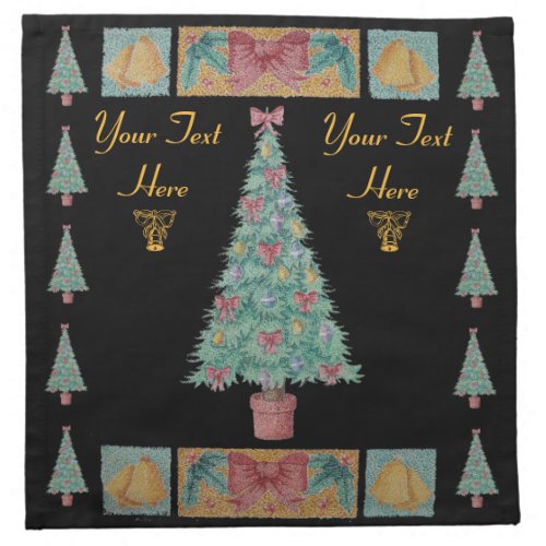 Christmas tree decorations red bows bells black napkin