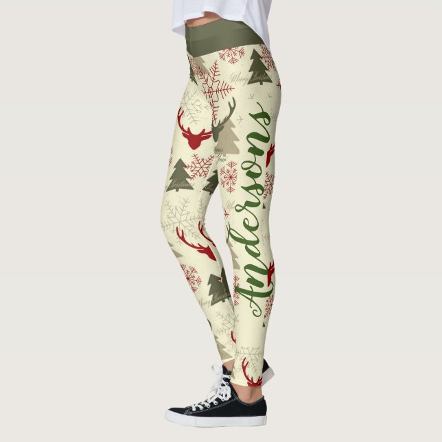 Christmas Tree Deer Green Red Pattern Name Festive Leggings (Left)