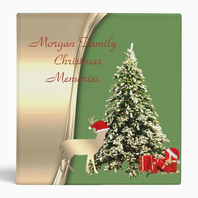 Christmas Tree,Deer with Santa Hat,Presents,Gold 3 Ring Binder (Front)