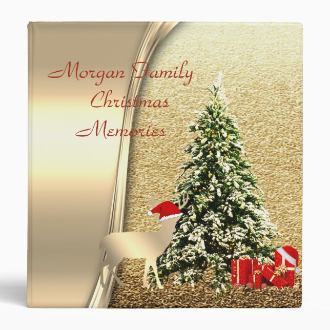 Christmas Tree,Deer with Santa Hat,Presents,Gold 3 Ring Binder (Front)
