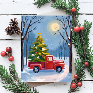 Christmas Tree Delivery Red Truck Watercolor Holiday Postcard