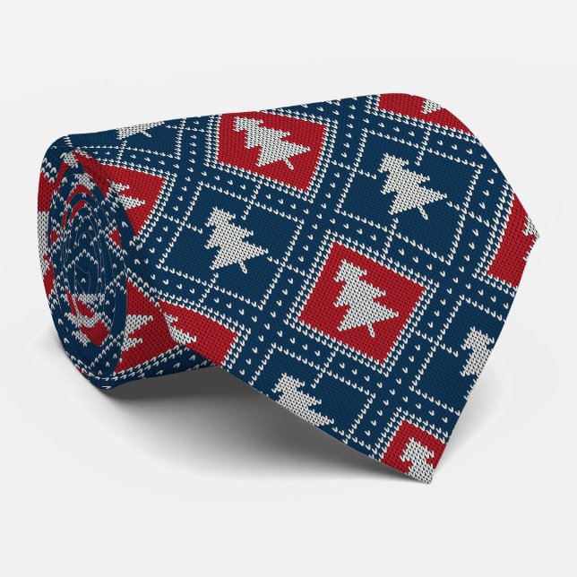 Christmas Tree Diamond Red White Blue Christmas Neck Tie (Rolled)