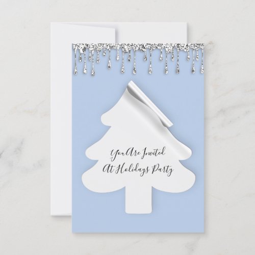 Christmas Tree Dinner Holidays Blue Silver Drips  Invitation