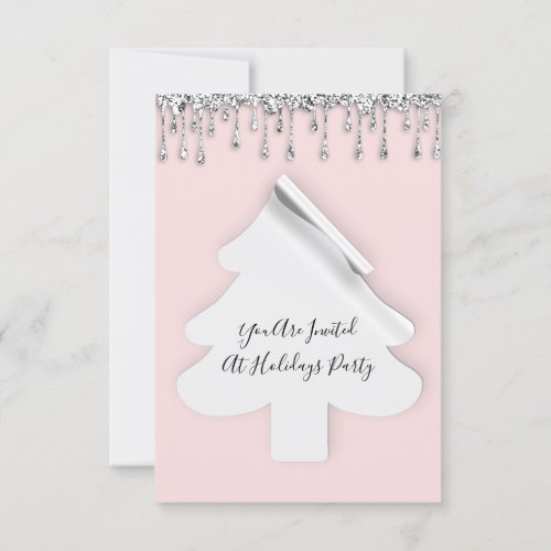 Christmas Tree Dinner Holidays Pink Silver Drips   Invitation