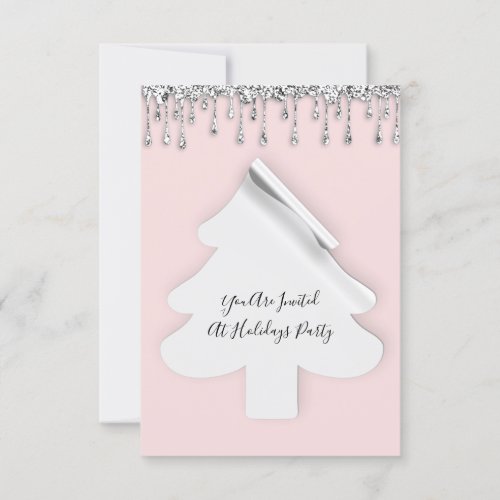 Christmas Tree Dinner Holidays Pink Silver Drips  Invitation