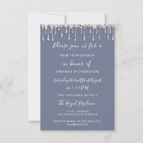 Christmas Tree Dinner Holidays Silver Drips Blue I Invitation