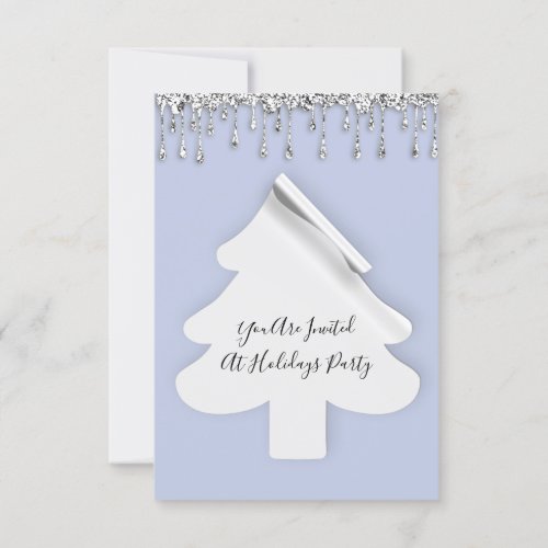 Christmas Tree Dinner Holidays Silver Drips Blue Invitation