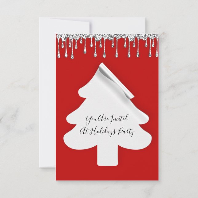 Christmas Tree Dinner Holidays Silver Drips Red Invitation (Back)