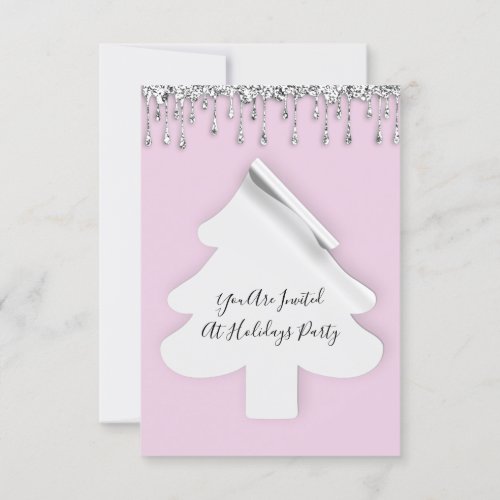 Christmas Tree Dinner Holidays Silver DripsPink  Invitation