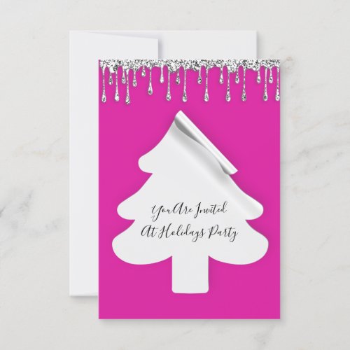 Christmas Tree Dinner Holidays Silver Pink Drip Invitation