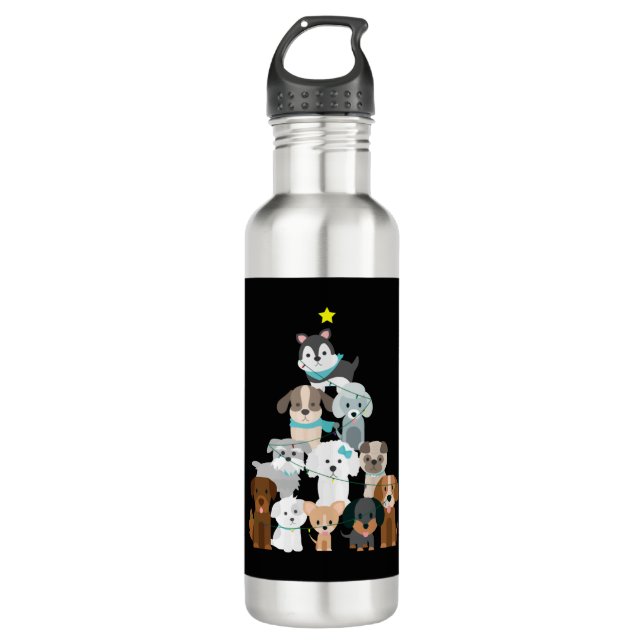 Christmas Tree Dogs Stainless Steel Water Bottle (Front)