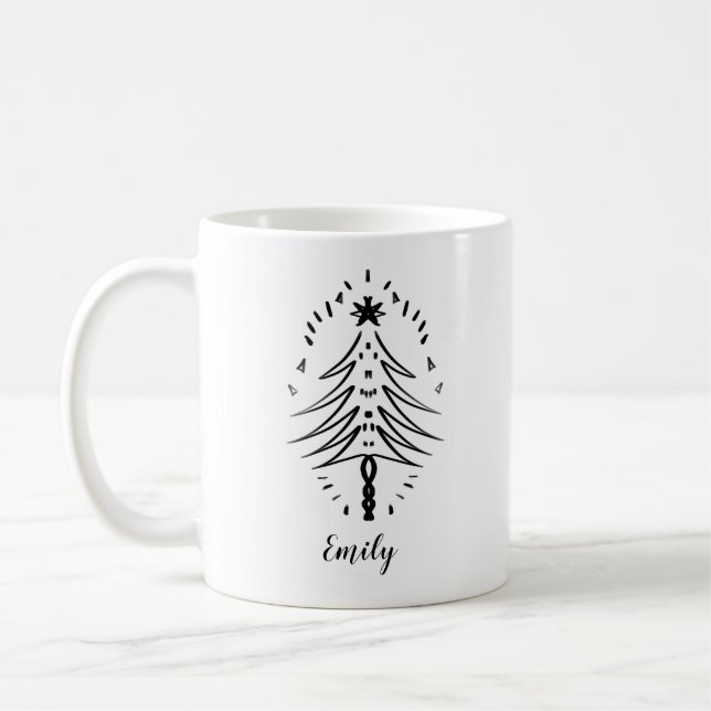 Christmas Tree Doodles Whimsical Ink Art Two-Tone  Coffee Mug (Left)