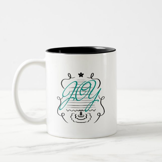 Christmas Tree Doodles Whimsical Joy Script Two-Tone Coffee Mug (Left)