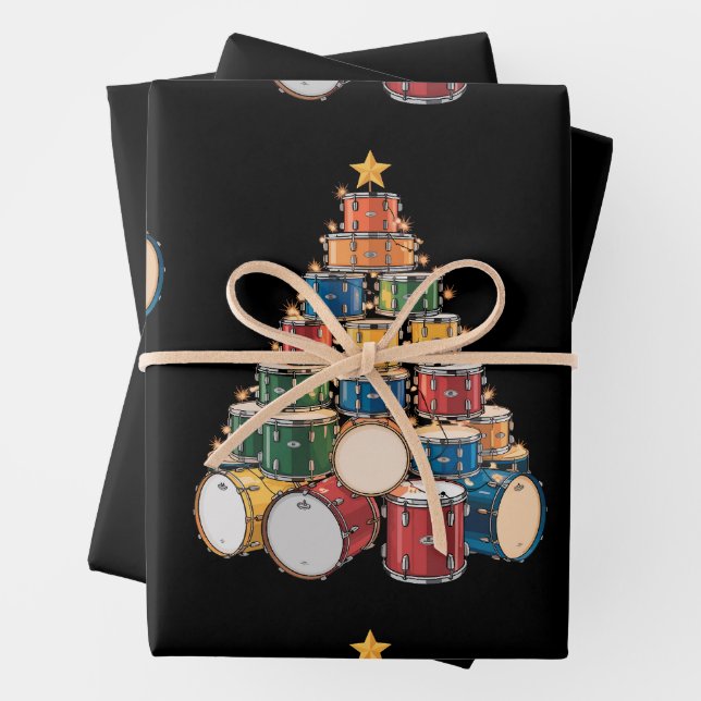 Christmas Tree Drummer Music Holiday Drum Band Wrapping Paper Sheets (In situ)
