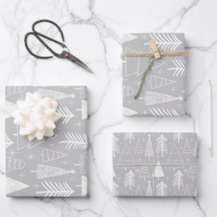 Christmas Tree - Evergreen Tree - Pine Tree Grey Wrapping Paper Sheets