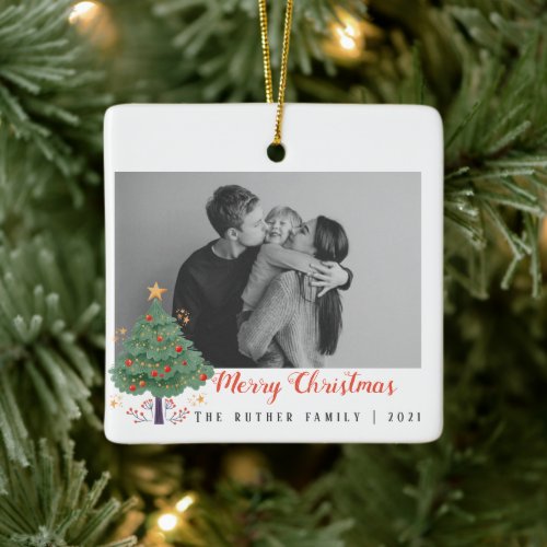 Christmas tree family photo holiday postcard ceramic ornament