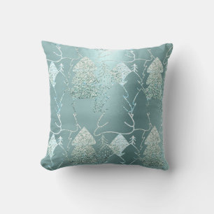 Christmas Tree Fancy Glitter Ice Blue Aqua Gray Throw Pillow