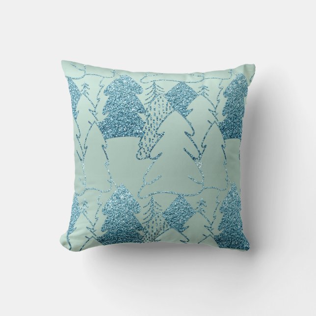 Christmas Tree Fancy Glitter Ocean Blue Burgundy Throw Pillow (Front)