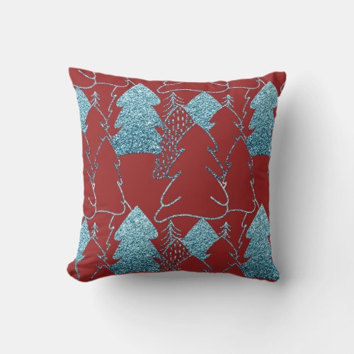 Christmas Tree Fancy Glitter Ocean Blue Burgundy Throw Pillow