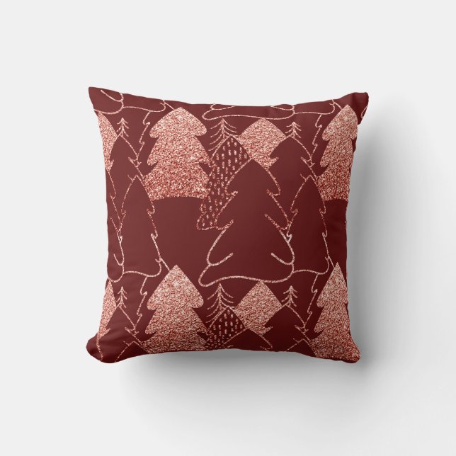 Christmas Tree Fancy Glitter Rose Gold Burgundy Throw Pillow (Front)