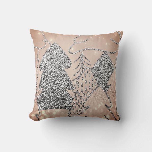 Christmas Tree Fancy Glitter Rose Gold Gray Winter Throw Pillow (Front)