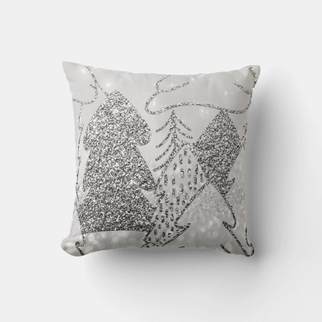Christmas Tree Fancy Glitter Silver Gray Winter Throw Pillow (Front)