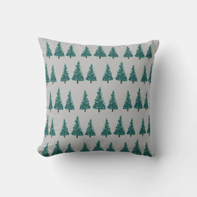Christmas Tree Farm Illustration Holiday Gray Throw Pillow (Front)
