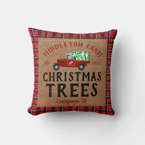 Christmas  Tree Farm in a Vintage and Plaid Throw Pillow
