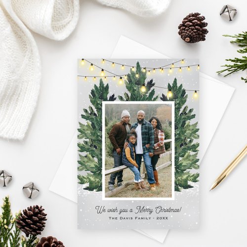 Christmas Tree Farm Lights Evergreen Frame Holiday Card