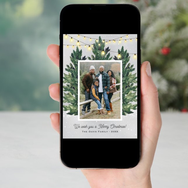 Christmas Tree Farm Lights Evergreen Frame Holiday Card (Front Digital)