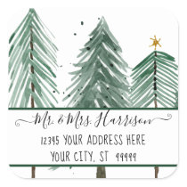 Christmas Tree Farm Modern Star Watercolor Address Square Sticker