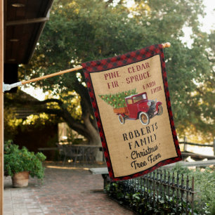 Christmas Tree Farm Red Plaid Rustic Vintage Truck House Flag